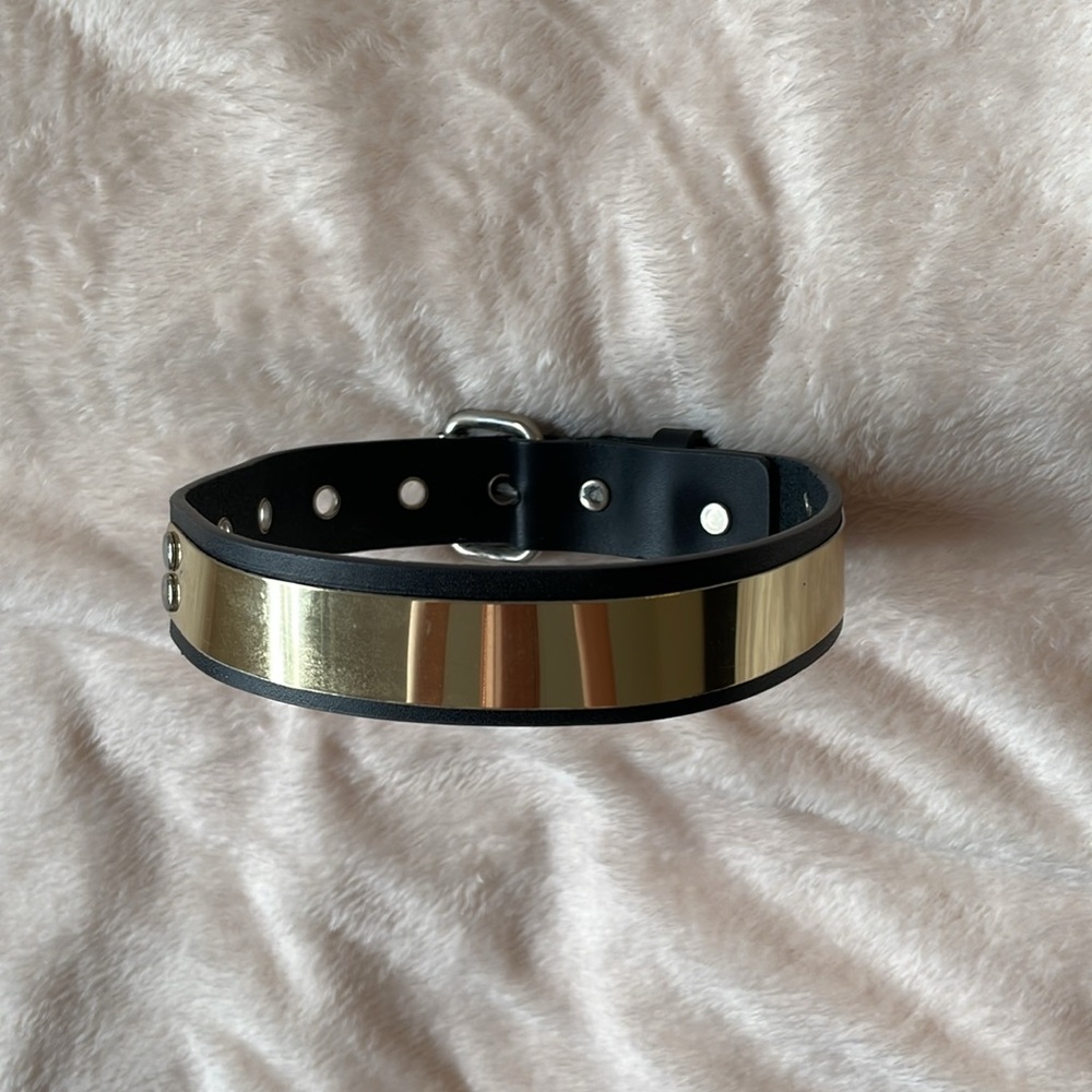 Genuine Leather Black & Gold Choker w/ Buckle